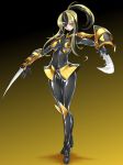  arm_blade bee_girl black_hair blonde_hair bodysuit breasts commentary_request gradient gradient_background highres insect_girl latex maron_(kagamikunn) multicolored_hair original ponytail shiny shiny_clothes skin_tight smile weapon yellow_eyes 