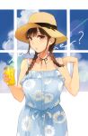  bangs blue_dress braid breasts brown_eyes brown_hair choker cloud commentary cup dress drinking_glass english floral_print hat holding holding_cup large_breasts long_hair looking_at_viewer parted_lips print_dress ribbon_choker sasamori_tomoe solo succubus_stayed_life summer sun_hat sundress sunflower_print twin_braids window yomisawa_tsukino 