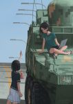  armored_vehicle black_eyes black_hair black_shirt blue_shirt blue_sky chinese_commentary closed_mouth commentary_request day grey_skirt ground_vehicle hallelujah_zeng hand_up holding indian_style lamppost military multiple_girls original outdoors pleated_skirt road sandals shirt short_sleeves sitting skirt sky smile standing vehicle_request 