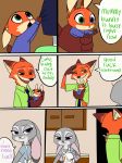  2017 4_fingers anthro canine clothed clothing comic cub disney english_text father female fox fur green_eyes heterochromia hi_res hybrid judy_hopps lagomorph male mammal mother necktie nick_wilde parent purple_eyes rabbit skeletonguys-and-ragdolls speech_bubble standing text violet_(zootopia) young zootopia 