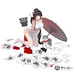  animal azur_lane bandana bangs bare_shoulders bent_over black_hair blunt_bangs bow breasts bridal_gauntlets calligraphy_brush china_dress chinese_clothes closed_mouth collarbone covered_navel dog dress eyebrows fingernails flower full_body garter_straps hair_bow hair_flower hair_ornament hand_on_own_thigh high_ponytail highres holding holding_paintbrush kishiyo kneeling large_breasts long_hair official_art orange_eyes oriental_umbrella paintbrush paw_print pelvic_curtain red_umbrella shiba_inu shoes side_slit sleeveless sleeveless_dress solo tachi-e takao_(azur_lane) thighhighs turret umbrella white_bow white_dress white_footwear white_legwear 