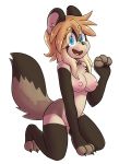  2018 4_fingers anthro black_nose blonde_hair blue_eyes breasts brown_fur cute_fangs digital_media_(artwork) dipstick_tail female fur hair kneeling mammal maypul_syrup multicolored_tail nude open_mouth pawpads paws smile solo suika_(niloxylo) tongue 