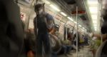  2018 alaicinereo anthro blue_eyes canine crowd detailed_background digital_media_(artwork) group male mammal public public_transportation rakan sad scar standing subway were werewolf wolf 