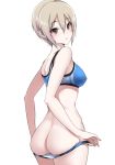  ass back bangs black_eyes blue_bra blue_buruma blush bra breasts buruma buruma_pull commentary_request grey_hair hair_between_eyes highres hips idolmaster idolmaster_cinderella_girls looking_at_viewer looking_back maruwa_tarou medium_breasts panties parted_bangs shiomi_shuuko short_hair simple_background solo sports_bra sweat underwear white_background 