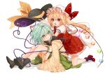  :o bare_legs black_footwear black_hat blonde_hair boots bow flandre_scarlet gotoh510 green_eyes green_hair green_skirt hat hat_bow hat_removed headwear_removed heart kneeling komeiji_koishi long_hair miniskirt mob_cap multiple_girls one_side_up open_mouth puffy_short_sleeves puffy_sleeves purple_legwear red_bow red_eyes red_footwear red_skirt shirt shoes short_hair short_sleeves simple_background sitting skirt skirt_set smile socks teeth third_eye touhou vest white_background white_hat wide_sleeves wings yellow_bow yellow_shirt 