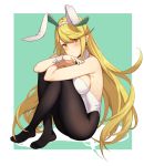  absurdres animal_ears bangs black_legwear blonde_hair blush breasts brown_eyes bunny_ears bunnysuit chinese_commentary commentary_request detached_collar earrings fake_animal_ears full_body hairband highres hikari_(xenoblade_2) icarus_(632247131) jewelry knees_to_chest large_breasts leotard long_hair looking_at_viewer nail_polish pantyhose sideboob sidelocks simple_background sitting solo swept_bangs very_long_hair wrist_cuffs xenoblade_(series) xenoblade_2 