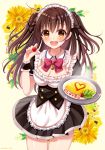  :d apron black_dress black_ribbon blush breasts brown_eyes brown_hair cherry_tomato cleavage commentary_request dress flower food frilled_apron frills hair_ribbon heart holding holding_food large_breasts long_hair looking_at_viewer maid maid_headdress mole mole_on_breast omurice open_mouth original pleated_dress puffy_short_sleeves puffy_sleeves ribbon sakura_hiyori short_sleeves smile solo two_side_up upper_teeth very_long_hair white_apron yellow_flower 