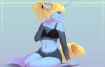  2018 anthro blonde_hair bra clothed clothing digital_media_(artwork) equine evehly eyelashes fan_character female green_eyes hair hi_res horn mammal my_little_pony navel ponytail shorts simple_background smile solo translucent transparent_clothing underwear unicorn 