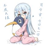  bird blue_eyes blush commentary_request eyebrows_visible_through_hair failure_penguin full_body hair_between_eyes hibiki_(kantai_collection) ichi kantai_collection long_hair long_sleeves looking_at_viewer penguin pink_shirt shirt silver_hair simple_background sitting sleepwear solo toy translation_request wariza white_background 