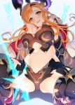  arrow bangs black_gloves black_legwear blue_background blush breastplate breasts brown_eyes cape cleavage commentary_request elbow_gloves gloves granblue_fantasy hair_ornament hairband hand_behind_head hand_in_hair head_wings large_breasts long_hair looking_at_viewer navel open_mouth orange_hair sidelocks simple_background smile solo song_(granblue_fantasy) spread_legs squatting sweat tatami_to_hinoki thighhighs thighs white_cape 