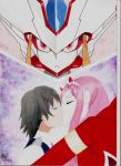  1boy 1girl black_bodysuit black_hair bodysuit couple darling_in_the_franxx eyes_closed face-to-face fringe hair_ornament hairband hetero hiro_(darling_in_the_franxx) horns kiss long_hair military military_uniform necktie oni_horns pilot_suit pink_hair red_horns red_neckwear short_hair shuterdraws signature strelizia uniform white_hairband zero_two_(darling_in_the_franxx) 