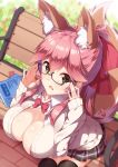  animal_ear_fluff animal_ears black_legwear blush breasts cleavage cleavage_cutout day extra_ears fang fate/grand_order fate_(series) fox_ears fox_tail glasses large_breasts long_hair looking_up open_mouth outdoors pink_hair ponytail red_ribbon ribbon school_uniform solo tail tamamo_(fate)_(all) tamamo_no_mae_(fate) thighs yellow_eyes yuxian_youka 