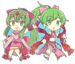  anklet barefoot blush bow bracelet breasts cape chiki circlet cleavage dancer dress earrings fire_emblem fire_emblem:_monshou_no_nazo fire_emblem:_seisen_no_keifu fire_emblem_heroes green_eyes green_hair hair_bow hair_ornament jewelry leen_(fire_emblem) long_hair lowres mamkute multiple_girls pink_dress pink_legwear pointy_ears ponytail roirence skirt smile tiara white_background 