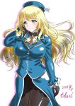  artist_name atago_(kantai_collection) beret black_gloves blonde_hair blue_hat breasts dated gloves green_eyes hat kantai_collection kasugano_tobari large_breasts long_hair long_sleeves military military_uniform pantyhose skirt smile solo uniform 