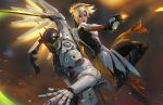  1girl armor artist_name blonde_hair blue_eyes blurry blurry_background bodysuit brown_legwear commentary faulds from_side genji_(overwatch) glowing glowing_wings gun hair_tie helmet high_ponytail holding holding_weapon katana long_hair looking_at_another mask mechanical_halo mechanical_wings mercy_(overwatch) nose open_mouth overwatch pelvic_curtain raikoart robot spread_wings standing sword visor weapon wings yellow_wings 