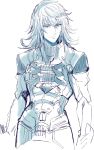  armor bangs blue_eyes gloves highres japanese_armor looking_at_viewer male_focus monochrome shimo_(s_kaminaka) shin_(xenoblade) short_hair simple_background solo white_background xenoblade_(series) xenoblade_2 