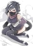  artist_name ayame_(gundam_build_divers) black_hair black_legwear blush bound bound_arms breasts butcha-u covered_mouth elbow_gloves face_mask frown gloves gundam gundam_build_divers highres japanese_clothes large_breasts long_hair looking_at_viewer low_ponytail mask ninja ninja_mask purple_eyes red_scarf scarf seiza signature sitting smoke solo split_ponytail thighhighs thighhighs_under_boots zettai_ryouiki 
