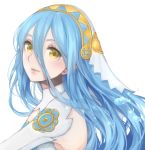  aqua_(fire_emblem_if) blue_hair commentary_request detached_collar detached_sleeves dress face fire_emblem fire_emblem_heroes fire_emblem_if from_side jurge looking_at_viewer pink_lips shiny shiny_hair turning_head veil water water_drop white_dress yellow_eyes 