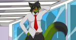 2018 anthro arm_over_head belt black_fur black_hair black_sclera blush clothed clothing dipstick_tail fur green_fur hair highlights inside male mammal mastergodai multicolored_fur multicolored_tail necktie office pants purple_eyes shirt two_tone_fur unknown_species yellow_highlights 