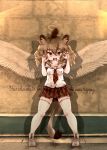  angel_wings animal_ears blonde_hair claw_pose collared_shirt commentary eyebrows_visible_through_hair full_body fur_collar halo kemono_friends kolshica lion_(kemono_friends) lion_ears lion_tail necktie plaid plaid_neckwear plaid_skirt plaid_trim pleated_skirt shadow shirt short_hair short_sleeves skirt solo t-shirt tail thighhighs wings zettai_ryouiki 