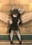  angel_wings animal_ears antlers brown_hair commentary eyebrows_visible_through_hair full_body halo hands_on_hips kemono_friends kolshica long_hair long_sleeves moose_(kemono_friends) moose_ears moose_tail pantyhose pleated_skirt scarf shadow skirt solo sweater tail vest wings 