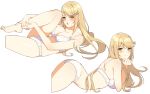  absurdres arched_back ass bangs bare_legs barefoot blonde_hair blush bra breasts chin_rest chinese_commentary cleavage closed_mouth commentary_request eyebrows_visible_through_hair feet from_side highres hikari_(xenoblade_2) icarus_(632247131) leg_up light_smile long_hair looking_at_viewer looking_back lying medium_breasts multiple_views on_stomach open_mouth panties sideboob sidelocks simple_background sitting swept_bangs underwear underwear_only v-shaped_eyebrows white_background white_bra white_panties xenoblade_(series) xenoblade_2 yellow_eyes 