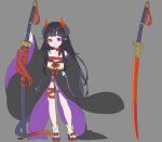  black_hair budget_sarashi choker closed_mouth demon_girl demon_horns demon_tail grey_background hand_on_hip heel-less_platform_footwear heterochromia high_heels horns japanese_clothes katana kimono long_hair long_sleeves looking_at_viewer mole mole_under_eye nagisa_kurousagi obi orange_eyes original pink_eyes platform_footwear red_choker red_ribbon ribbon ribbon_choker sarashi sash scabbard sheath simple_background smile solo sword tail very_long_hair weapon wide_sleeves 