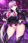  bb_(fate)_(all) bb_(fate/extra_ccc) beeyan breasts coat fate/extra fate/extra_ccc fate/grand_order fate_(series) gloves hair_ribbon highres large_breasts leotard long_hair purple_eyes purple_hair ribbon riding_crop smile thighhighs thighs 