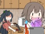  collaboration colorized commentary cooking cupboard guin_guin gun hiei_(kantai_collection) hot_sauce houshou_(kantai_collection) kantai_collection kucai91 lever_action microwave multiple_girls nontraditional_miko pantyhose ponytail pot purple shotgun shotgun_shells smile twitter_username weapon 