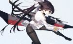  azur_lane bangs black_hair bow brown_eyes buttons commentary_request detached_sleeves eyebrows_visible_through_hair gloves hair_bow highres katana loafers long_hair long_sleeves looking_at_viewer machinery military military_uniform nakamura_takeshi open_mouth panties panties_under_pantyhose pantyhose pleated_skirt ponytail sheath sheathed shiny shiny_hair shoes simple_background skirt snow solo sword takao_(azur_lane) turret underwear uniform weapon white_bow white_gloves 