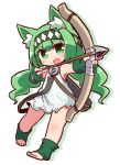  :d animal_ears archer_(last_period) arrow bare_shoulders barefoot bow_(weapon) cat_ears diamond_(shape) dress eyebrows eyebrows_visible_through_hair fang fingernails gloves green_eyes green_gloves green_hair green_headband headband holding holding_bow_(weapon) holding_weapon index_finger_raised last_period legs_apart long_hair naga_u no_nose open_mouth partly_fingerless_gloves silhouette sleeveless sleeveless_dress smile solo toenails weapon white_dress 
