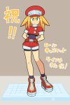  1girl arms_behind_back bare_legs blonde_hair blush cabbie_hat capcom full_body green_eyes hat long_hair muu_(mumumer) red_footwear red_hat red_shorts rockman rockman_dash roll_caskett shoes short_shorts shorts simple_background smile solo standing text_focus undershirt 