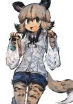  :d absurdres african_wild_dog_(kemono_friends) african_wild_dog_print animal_ears bag bow bowtie brown_hair commentary_request cowboy_shot denim denim_shorts dog_ears dog_tail eyebrows_visible_through_hair fang hair_between_eyes highres kaamin_(mariarose753) kemono_friends light_brown_hair multicolored_hair open_mouth pantyhose shopping_bag short_hair shorts smile solo tail 