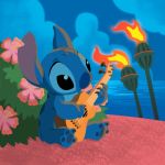  2013 4_toes alien back_markings black_eyes blue_claws blue_fur claws digital_media_(artwork) disney experiment_(species) fire fur head_tuft hibiscus holding_musical_instrument lilo_and_stitch lineless low_res markings musical_instrument night notched_ear sea sitting sky small_tail solo stitch tiki_torch toes trinityinyang tuft ukulele water 