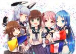  :d anniversary black_gloves black_sailor_collar black_skirt blue_eyes blue_hair blue_skirt brown_eyes brown_hair dated elbow_gloves flag folded_ponytail french_flag fubuki_(kantai_collection) gloves green_eyes green_sailor_collar hair_ribbon headgear holding inazuma_(kantai_collection) kantai_collection long_hair long_sleeves multiple_girls murakumo_(kantai_collection) neckerchief nigo one_eye_closed open_mouth orange_eyes pantyhose partly_fingerless_gloves pink_eyes pink_hair pleated_skirt red_neckwear red_ribbon ribbon sailor_collar samidare_(kantai_collection) sazanami_(kantai_collection) school_uniform serafuku short_hair short_ponytail short_sleeves signal_flag signature silver_hair skirt smile tress_ribbon v white_background 