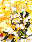  1girl ^_^ anniversary aqua_eyes bare_shoulders bass_clef birthday birthday_cake blonde_hair blue_eyes blush bow brother_and_sister cake closed_eyes detached_sleeves food grin hair_bow hair_ornament hair_ribbon hairclip happy_birthday headphones headset heart highres kagamine_len kagamine_rin midriff mouth_hold navel necktie one_eye_closed oyamada_(pi0v0jg) pigeon-toed pillow ribbon sailor_collar short_ponytail shorts siblings sitting sitting_on_lap sitting_on_person smile socks twins vocaloid yellow_background yellow_neckwear 