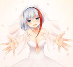  admiral_graf_spee_(azur_lane) azur_lane bangs blue_eyes blunt_bangs breasts bridal_veil cleavage dress eyebrows_visible_through_hair head_tilt jewelry large_breasts looking_at_viewer multicolored_hair necklace open_mouth oshishio outstretched_arms red_hair short_hair sidelocks silver_hair smile solo strapless strapless_dress streaked_hair tiara upper_body veil wedding_dress white_dress 