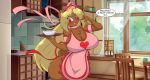  &lt;3 2018 5_fingers anthro apron bear big_breasts big_hair blonde_hair blush bowl breasts brown_fur carrying_object chest_tuft cleavage clothed clothing day dialogue english_text female fur hair happy inside kitchen long_hair looking_at_viewer mammal mastergodai open_mouth red_eyes solo speech_bubble text thick_thighs tree tuft voluptuous wide_hips 