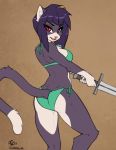  2017 anthro breasts butt clothed clothing feline female fluff-kevlar fur hair looking_at_viewer mammal melee_weapon purple_fur purple_hair red_eyes sesame_akane solo swimsuit sword uberquest weapon 