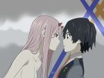  1boy 1girl atroisart black_hair blue_eyes breasts couple darling_in_the_franxx face-to-face facing_another forehead-to-forehead fringe green_eyes hetero hiro_(darling_in_the_franxx) horns large_breasts long_hair military military_uniform necktie nude oni_horns pink_hair red_horns red_neckwear short_hair signature straight_hair uniform zero_two_(darling_in_the_franxx) 