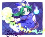  bangs blue_background broken broken_chain capelet chain chibi crescent full_body ghost_tail green_eyes green_hair hand_on_hip hat hitodama holding holding_staff isu_(is88) leaning_to_the_side light_particles long_hair long_sleeves looking_at_viewer mima outstretched_arm parted_bangs plaid plaid_background smile solo staff star star_print touhou touhou_(pc-98) wizard_hat 