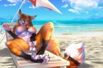  2018 beach breasts brown_hair canine claws dessert ear_piercing female food fox green_eyes hair ice_cream lying mammal nipples open_mouth piercing pussy pussy_juice qrichy sea seaside solo toe_claws tongue tongue_out umbrella water 