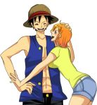  1boy 1girl black_eyes black_hair blush couple hat monkey_d_luffy nami_(one_piece) one_piece orange_hair pirate short_hair smile straw_hat_pirates tattoo 