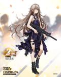  alternate_costume black_footwear breasts brown_hair dress girls_frontline gun h&amp;k_ump heckler_&amp;_koch high_heels long_hair looking_at_viewer machine_gun military nail_polish official_art purple_dress purple_nails scar scar_across_eye side_ponytail small_breasts submachine_gun thigh_strap torn_clothes ump45_(girls_frontline) weapon yellow_eyes zagala 