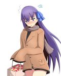  1girl bad_id bad_pixiv_id bag black_panties black_shirt blue_bow blue_eyes bow brown_coat brown_scarf coat fate/extra fate/extra_ccc fate_(series) flying_sweatdrops gift_card hair_bow head_tilt highres holding holding_bag long_hair long_sleeves meltlilith mitchi no_pants nse panties paper_bag purple_hair scarf shirt shopping_bag simple_background sleeves_past_fingers sleeves_past_wrists solo underwear very_long_hair white_background 