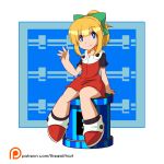 arm_support bangs blonde_hair blunt_bangs bow child commentary_request dress energy_tank eyebrows_visible_through_hair full_body green_bow hair_bow hair_ornament high_ponytail highres hooded_dress long_hair looking_at_viewer patreon_logo patreon_username ponytail red_dress red_footwear rockman rockman_(classic) rockman_11 roll shoes short_sleeves sidelocks sitting smile solo thewolfhart waving 