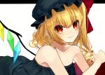  alternate_costume bare_arms bare_shoulders black_dress black_hat blonde_hair bow collarbone commentary crystal daimaou_ruaeru dress earrings english_commentary eyebrows_visible_through_hair flandre_scarlet hat hat_bow highres jewelry looking_at_viewer lying mob_cap nail_polish on_stomach red_bow red_eyes red_nails short_hair side_ponytail simple_background smile solo star strapless strapless_dress touhou white_background wings 