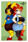  2018 anthro border braixen breasts bulge canine clothed clothing digital_media_(artwork) dipstick_tail duo eyelashes female footwear hair hand_on_hip hi_res inner_ear_fluff kloudmutt male mammal multicolored_tail navel nintendo open_mouth open_smile pikachu pok&eacute;mon pok&eacute;mon_(species) rodent shoes signature simple_background smile video_games white_border 