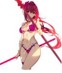  3: artist_name bangle bikini blurry bracelet breasts cleavage contrapposto cowboy_shot cropped_legs depth_of_field dual_wielding expressionless fate/grand_order fate_(series) flower gae_bolg hair_flower hair_intakes hair_ornament holding jewelry kiwamu long_hair looking_at_viewer navel pink_bikini pink_eyes purple_hair scathach_(fate)_(all) scathach_(swimsuit_assassin)_(fate) simple_background solo standing string_bikini swimsuit thigh_strap very_long_hair white_background 