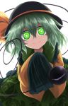  black_hat commentary_request glowing glowing_eyes green_eyes green_hair hat hat_ribbon komeiji_koishi looking_at_viewer ribbon sleeves_past_fingers sleeves_past_wrists smile solo third_eye touhou ugatsu_matsuki 